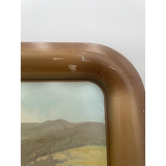 Vintage Metal Serving Tray Scenic Landscape Design Green Background & Rustic Fin - Picture 6 of 6